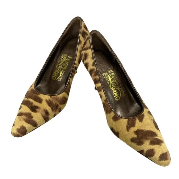 Salvatore Ferragamo-Beige Brown Dark Brown Unborn Calf Leather Pumps 132-081425 - Picture 2 of 10